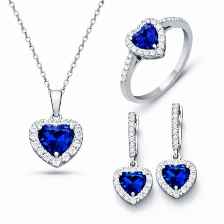 Jewelry Set - Sterling Silver Sapphire Blue Heart Halo