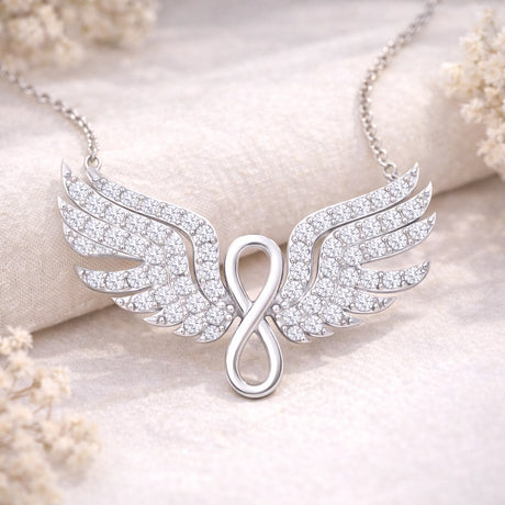 Sterling Silver Angel Wing Infinity Necklace - Dazzling CZ Stones