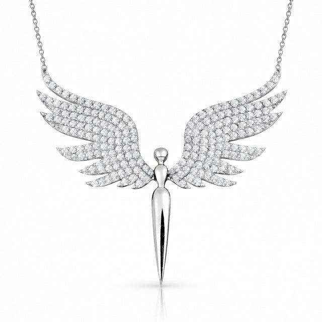 Sterling Silver Angel Wing Necklace - Sparkling Cubic Zirconia Pendant