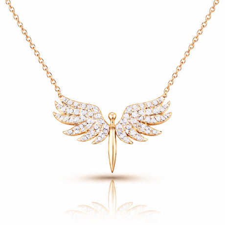 Necklace - Rose Gold Tone Angel Wings with Sparkling Simulated Diamonds