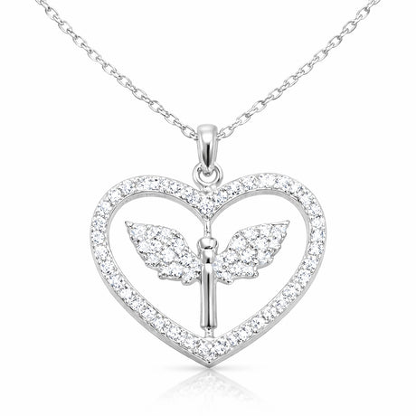 Sterling Silver Angel Wings Heart Necklace with Sparkling Stones