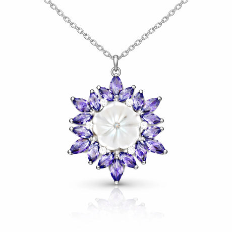 Sterling Silver Lotus Flower Necklace - Purple Gemstone & Mother of Pearl