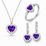 Sterling Silver Amethyst Heart Halo Jewelry Set for Women