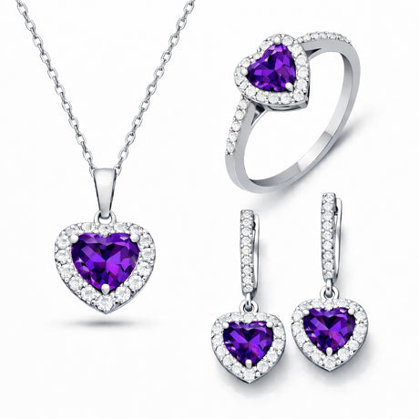 Sterling Silver Amethyst Heart Halo Jewelry Set for Women