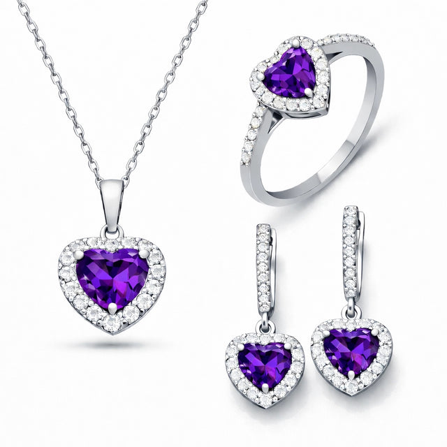 Sterling Silver Amethyst Heart Halo Jewelry Set for Women
