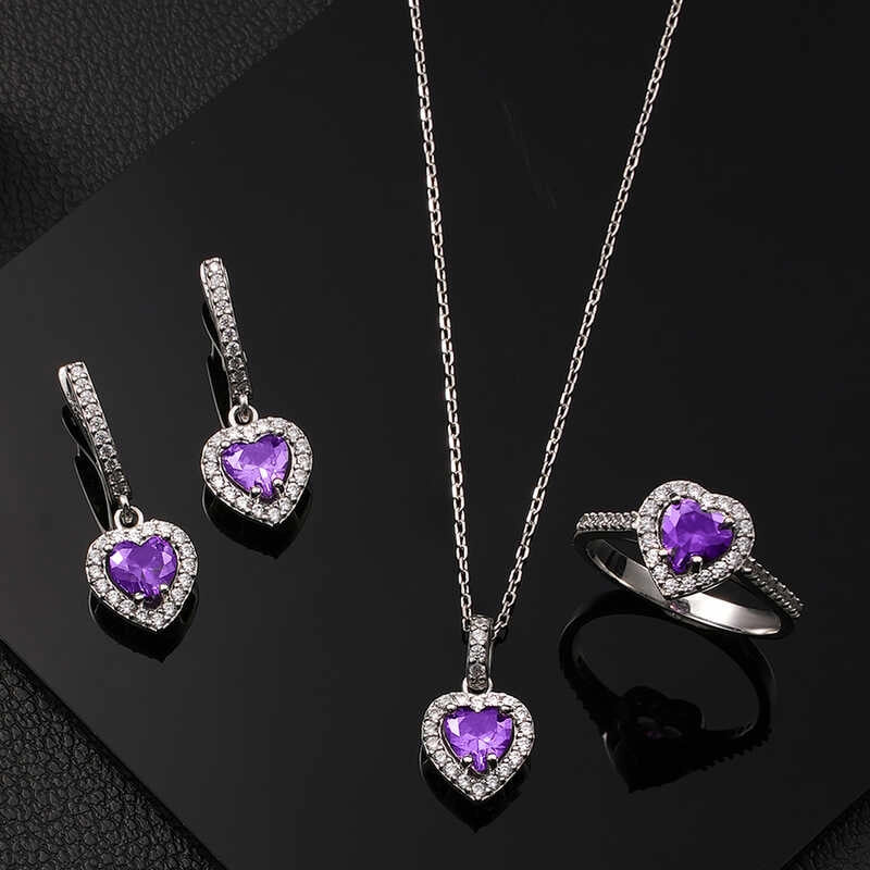 Schmuckset aus Sterlingsilber mit Amethyst-Herz-Halo für Damen