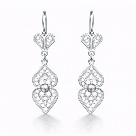 Sterling Silver Filigree Heart Drop Earrings