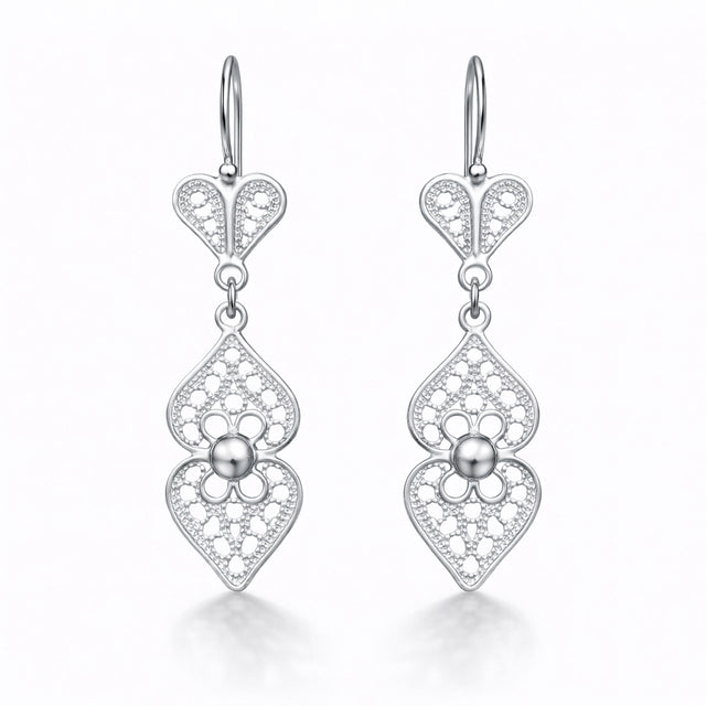 Sterling Silver Filigree Heart Drop Earrings