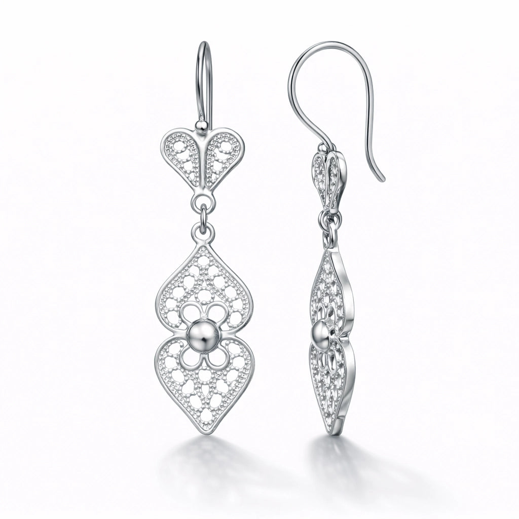 Sterling Silver Filigree Heart Drop Earrings