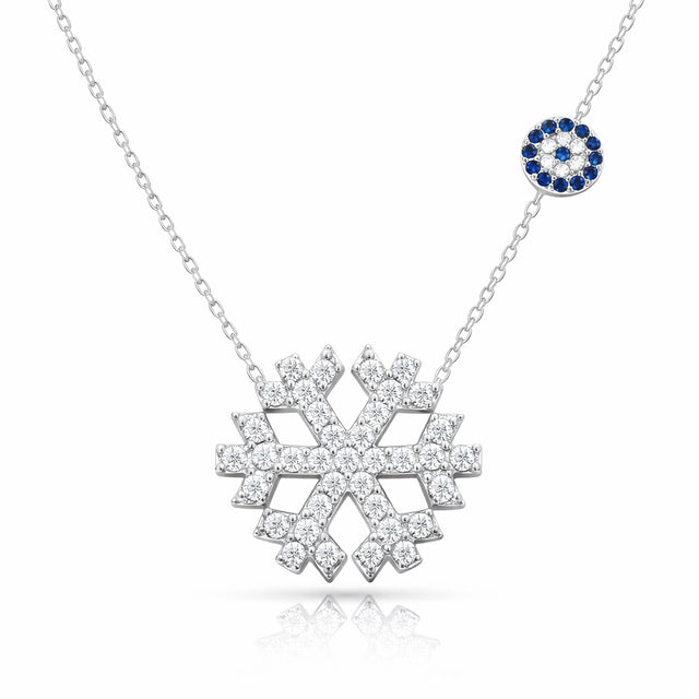 Sterling Silver Necklace - Sparkling Snowflake & Evil Eye Charm