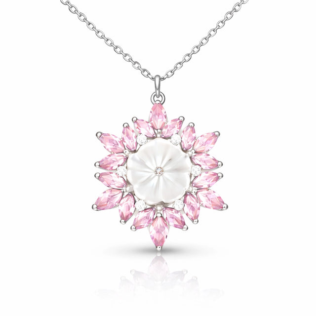 Sterling Silver Floral Necklace - Pink Gemstone & Mother-of-Pearl Blossom