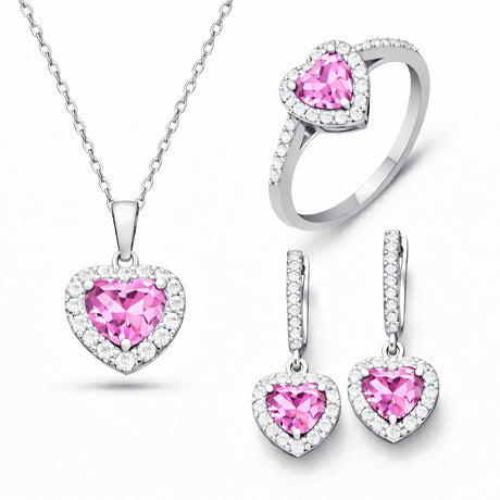 Sterling Silver Pink Heart Halo Pendant, Ring & Earrings Set