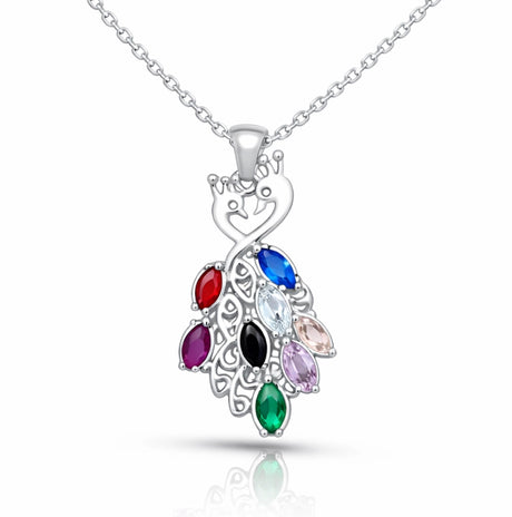 Sterling Silver Peacock Necklace - Multicolored Gemstone Family Pendant