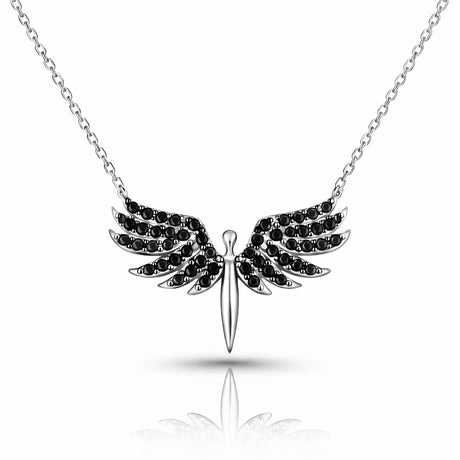 Necklace - Sterling Silver Black Zircon Guardian Angel Wings