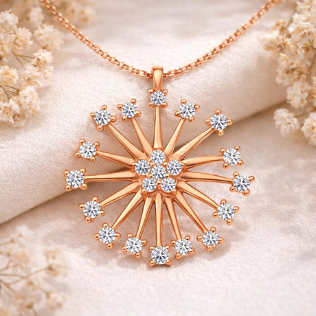 Necklace - Rose Gold Plated Silver Dandelion Starburst CZ Pendant