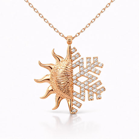 Necklace - Rose Gold Sun & Snowflake Pendant with Sparkling Zirconia