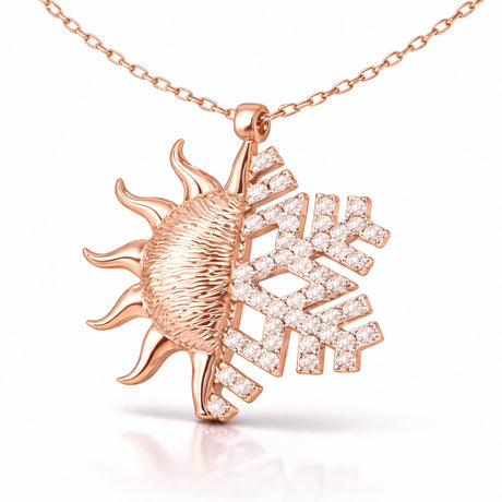 Necklace - Rose Gold Sun & Snowflake Pendant with Sparkling Zirconia