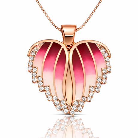 Rose Gold Tone Zirconia & Enamel Petal Heart Pendant Necklace