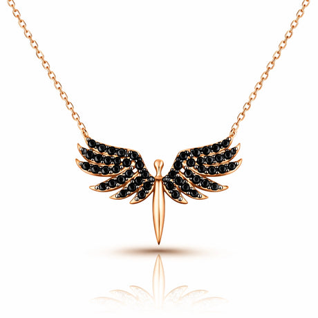 Rose Gold Tone Angel Wings Necklace - Dainty Black Stone Pendant