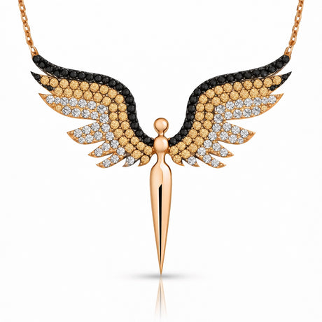 Necklace - Rose Gold-Tone Angel Wings with Black, Champagne & Clear Crystals