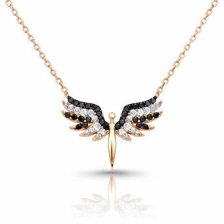 Angel Wings Necklace - Rose Gold-Tone Black & White Crystal