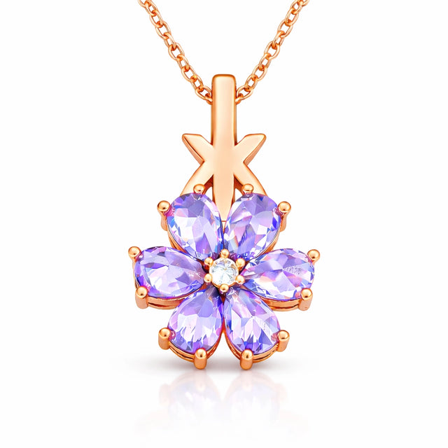 Necklace - Rose Gold-Tone Purple Floral Gemstone Pendant