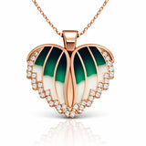 Rose Gold Tone Winged Heart Necklace - Green Enamel & Zirconia