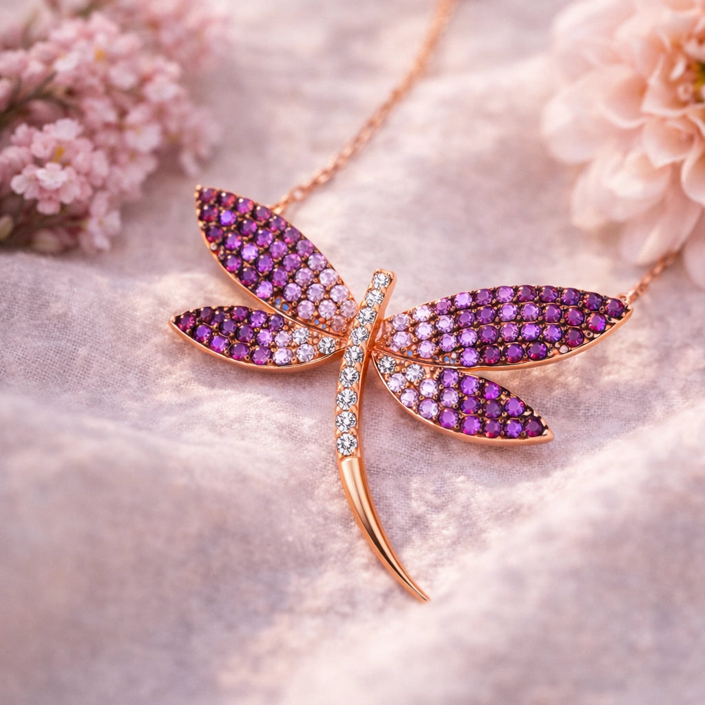 Rose Gold Plated Dragonfly Necklace - Purple & Pink Gemstone Statement