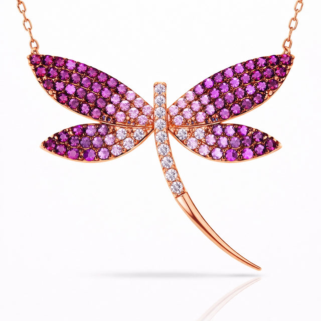 Rose Gold Plated Dragonfly Necklace - Purple & Pink Gemstone Statement