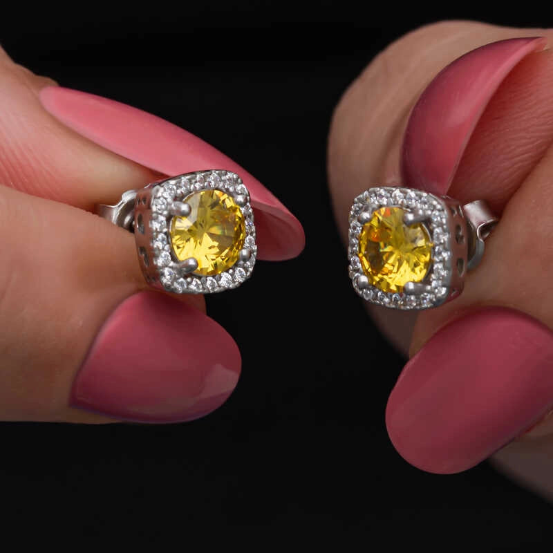 Yellow Gemstone Square Halo Stud Earrings - Sterling Silver