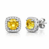 Yellow Gemstone Square Halo Stud Earrings - Sterling Silver
