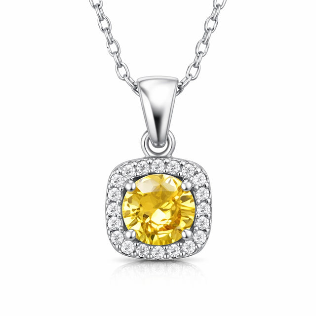 Sterling Silver Necklace - Elegant Yellow Gemstone Halo Pendant