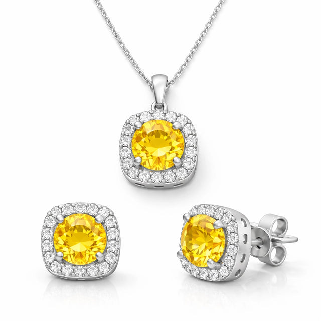Sterling Silver Yellow Gemstone Halo Jewelry Set