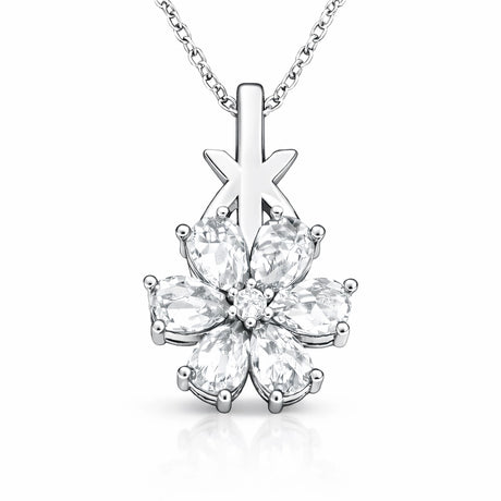 Necklace - Silver-Tone Floral Blossom with Sparkling Clear Stones