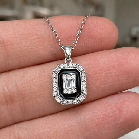 Necklace - Sterling Silver Black Enamel Zirconia Art Deco Pendant