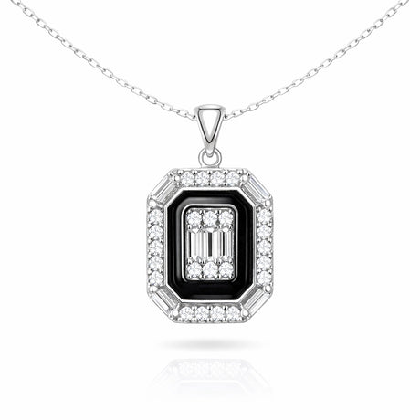 Necklace - Sterling Silver Black Enamel Zirconia Art Deco Pendant