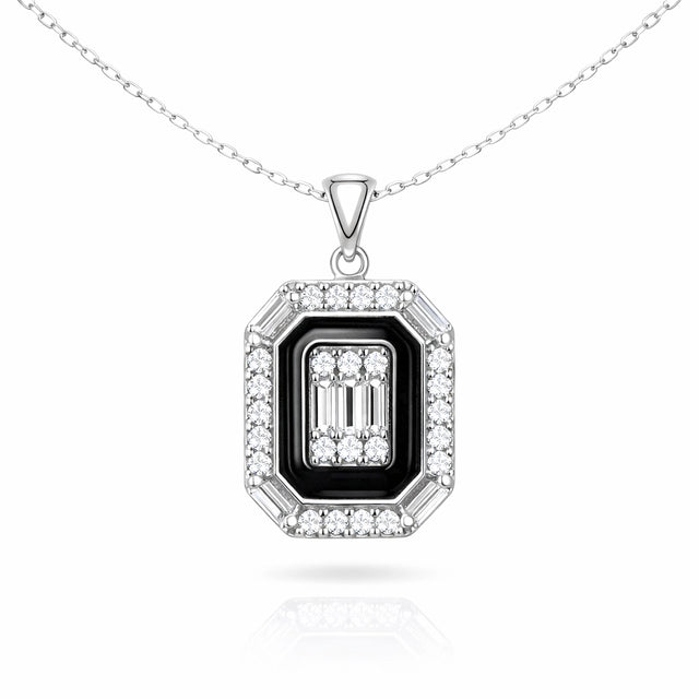 Necklace - Sterling Silver Black Enamel Zirconia Art Deco Pendant