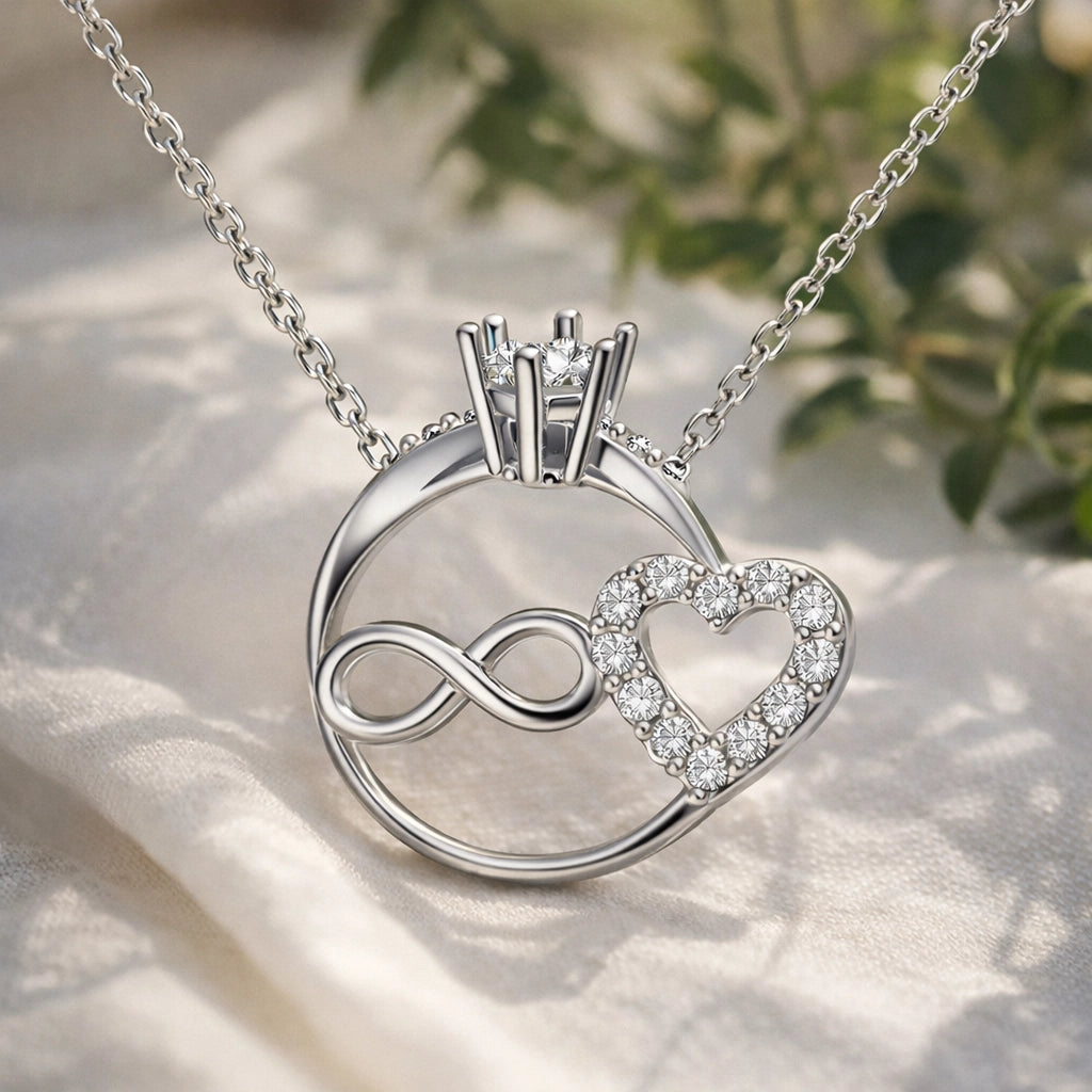 Sterling Silver Zircon Solitaire Ring & Infinity Heart Necklace