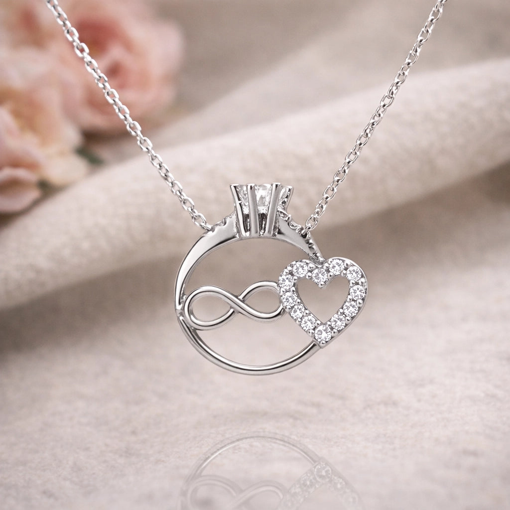 Sterling Silver Zircon Solitaire Ring & Infinity Heart Necklace