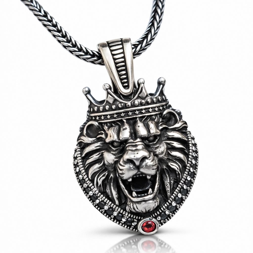 Collier homme - Pendentif lion couronné en argent sterling, pièce maîtresse