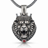 Men's Necklace - Sterling Silver Crowned Lion Statement Pendant