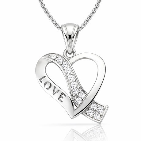 Sterling Silver Love Heart Ribbon Pendant Necklace with Pave CZ