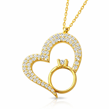 Necklace - Gold-Tone Clear Stone Solitaire Ring Heart Pendant