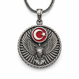 Sterling Silver Men's Turkish Eagle & Crescent Star Pendant Necklace