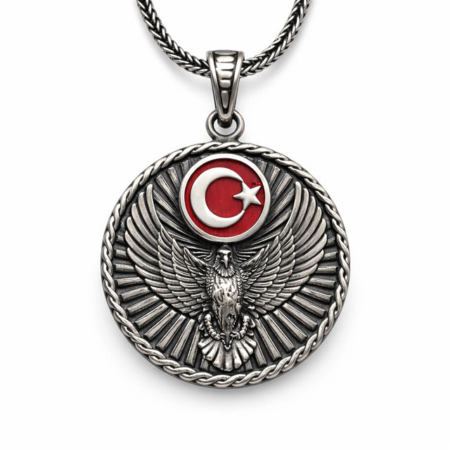Sterling Silver Men's Turkish Eagle & Crescent Star Pendant Necklace