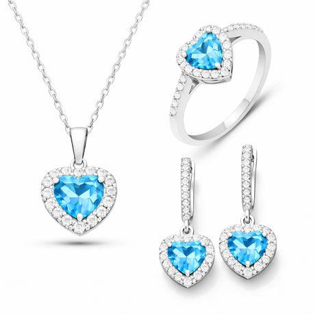 Sterling Silver Heart Halo Jewelry Set - Dazzling Blue Topaz & CZ
