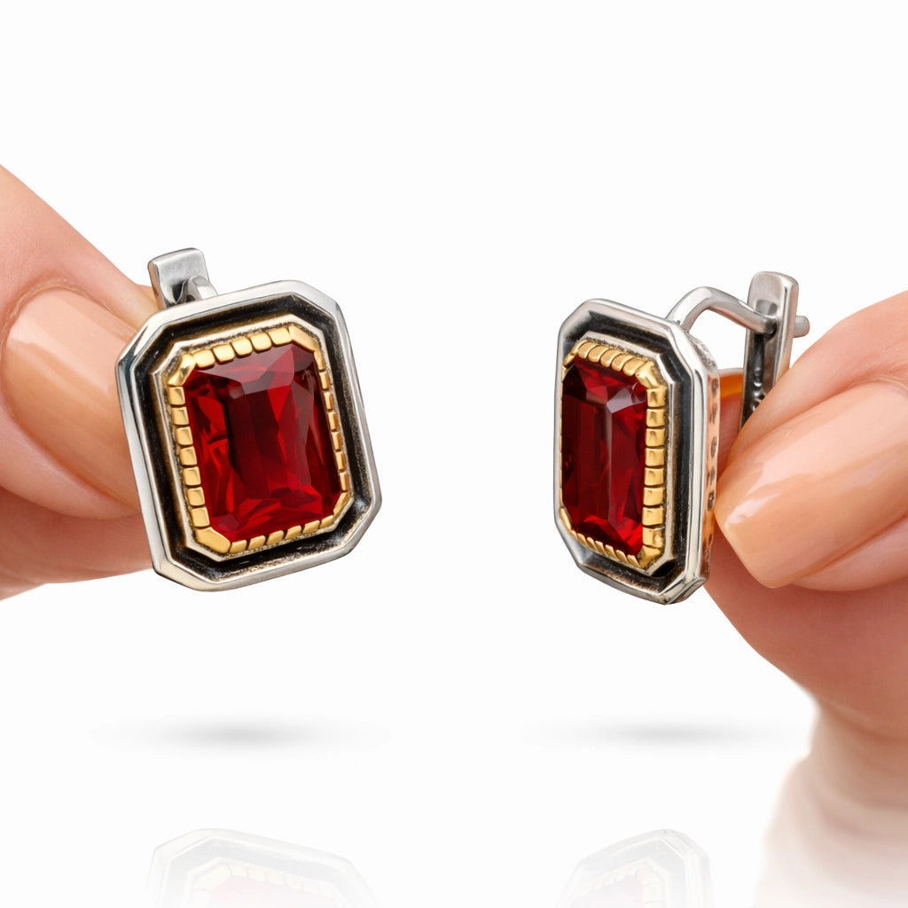 Sterling Silver Ruby Earrings - Authentic Gold-Tone Beaded Design