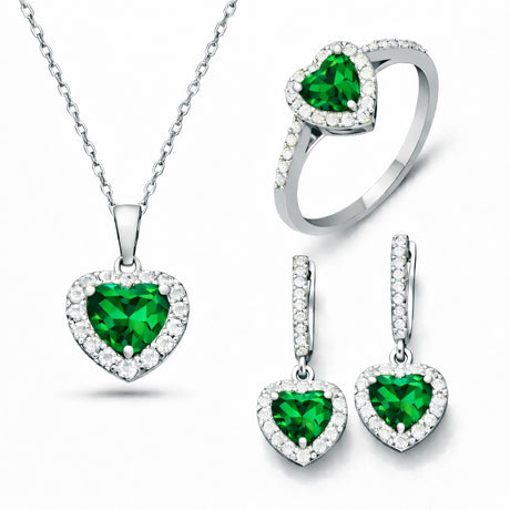 Elegant Sterling Silver Emerald Heart Halo Necklace, Ring & Earrings Set