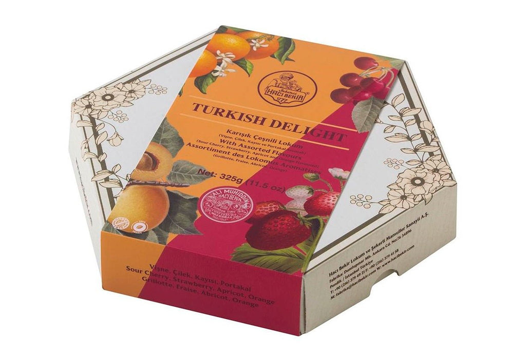 Haci Bekir Exclusive Turkish Delight Fruit Flavored Assorted - Unique Consistency Lokums (Cherry/Strawberry/Apricot/Orange)