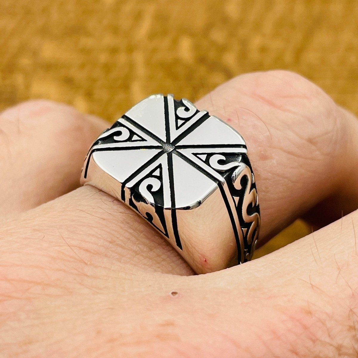 Hand Embroidered Square Model Men's Silver Ring